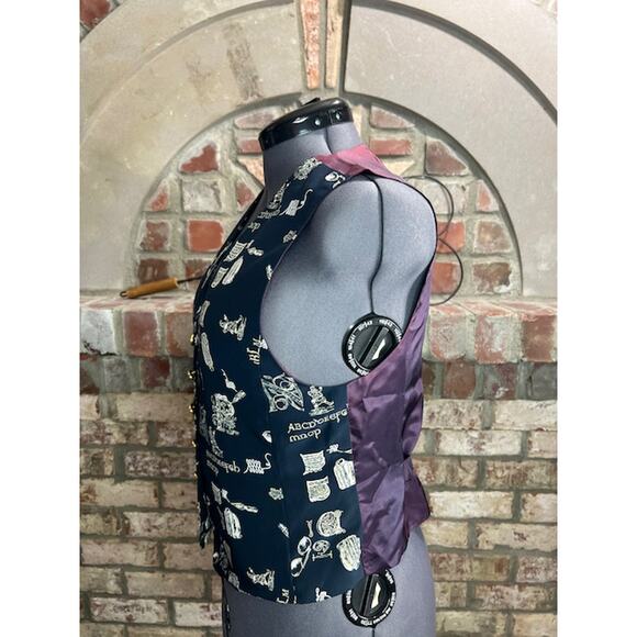 Liz Claiborne vest preppy blue white vintage 1980s novelty print steampunk - Picture 5 of 11